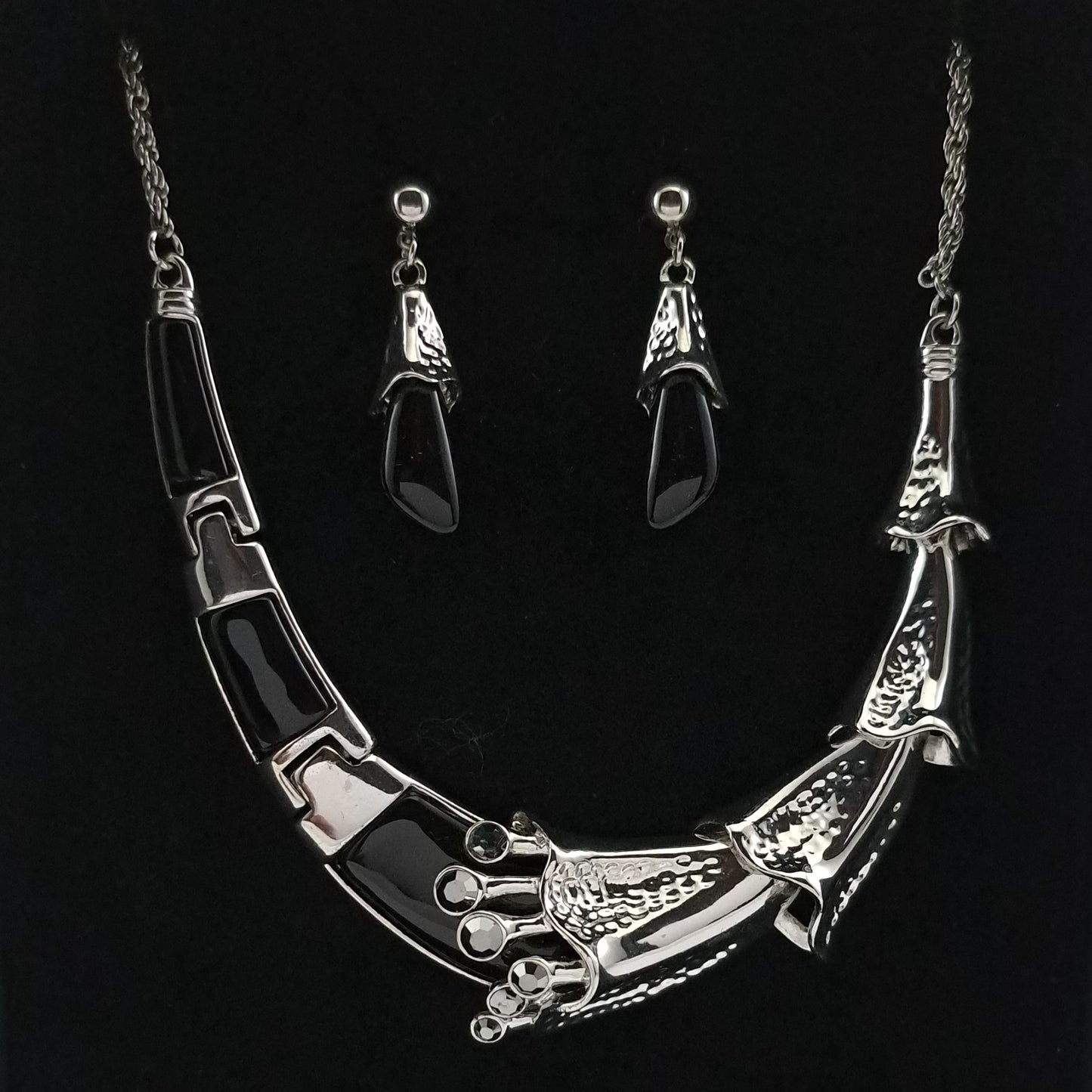 Silver and black necklace and earrings set