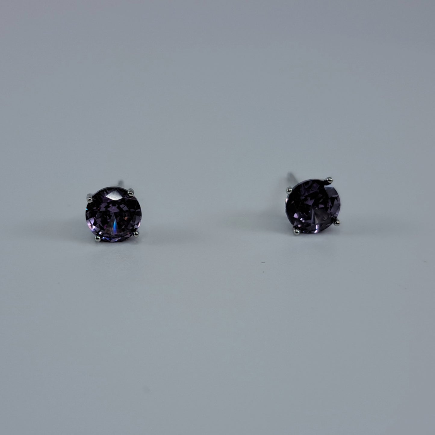 Sterling Silver Round Amethyst CZ Stud Earrings